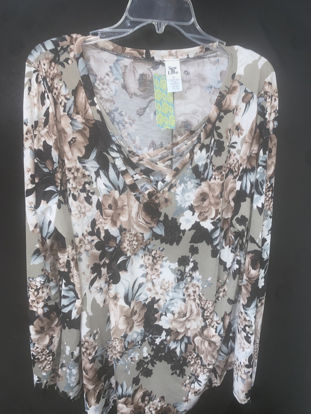 Sew in Love Women's Floral Crisscross V-Neck Long Sleeve Top - Taupe Floral